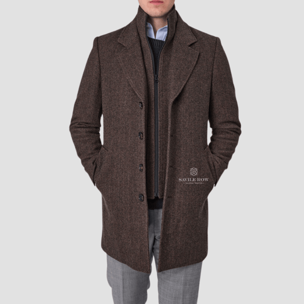 Savile Row Mens Removable Collar Jared Coat in Pecan Pure Wool