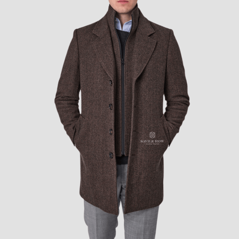 Savile Row Mens Removable Collar Jared Coat in Pecan Pure Wool