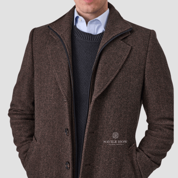 Savile Row Mens Removable Collar Jared Coat in Pecan Pure Wool