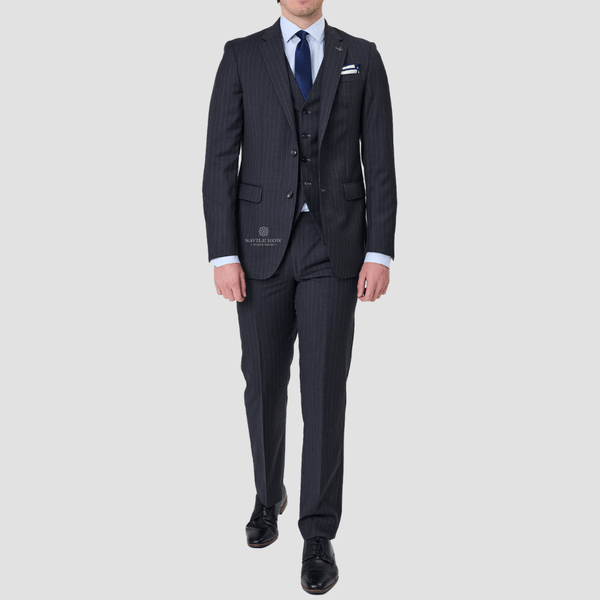 Savile Row Mens Tailored Fit Abram Suit in Charcoal Stripe Pure Wool SW4