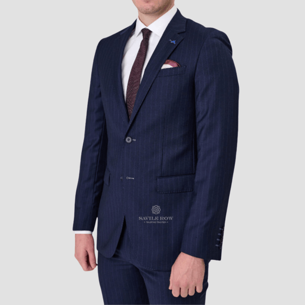 Savile Row Mens Tailored Fit Abram Suit in Navy Stripe Pure Wool SW7