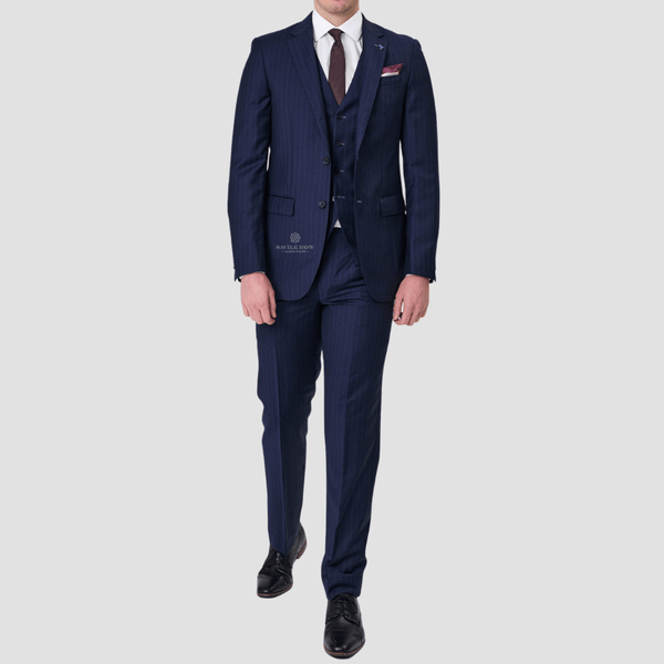 Savile Row Mens Tailored Fit Abram Suit in Navy Stripe Pure Wool SW7
