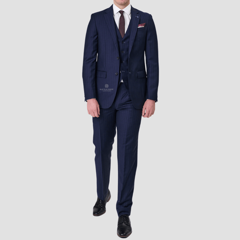 Savile Row Mens Tailored Fit Abram Suit in Navy Stripe Pure Wool SW7
