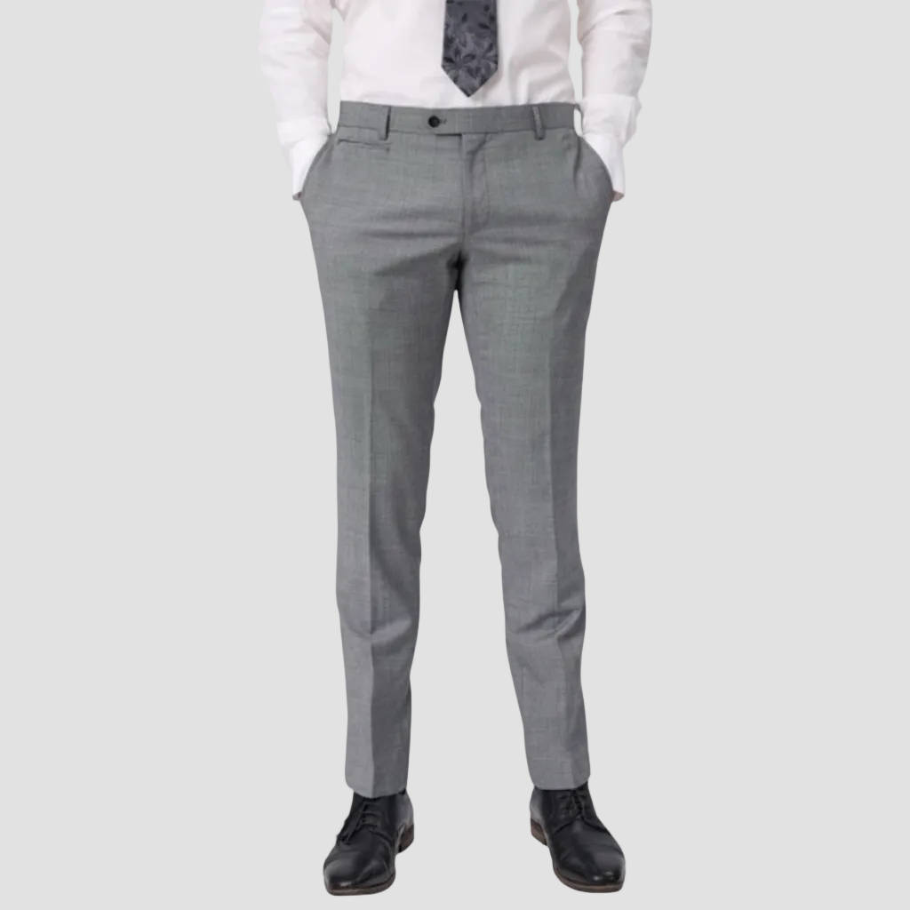 Textured dress pants in chrome grey by Savile Row with a white shirt and black leather shoes.