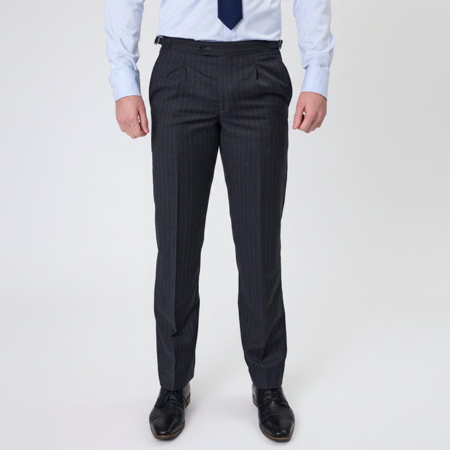 Charcoal pinstripe suit trouser in Australian Merino Wool by Savile row with a light blue shirt and black leather shoes.