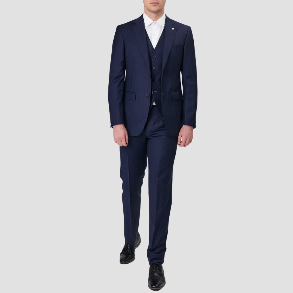 Man wearing a navy blue stripe suit with a white shirt by Savile Row.