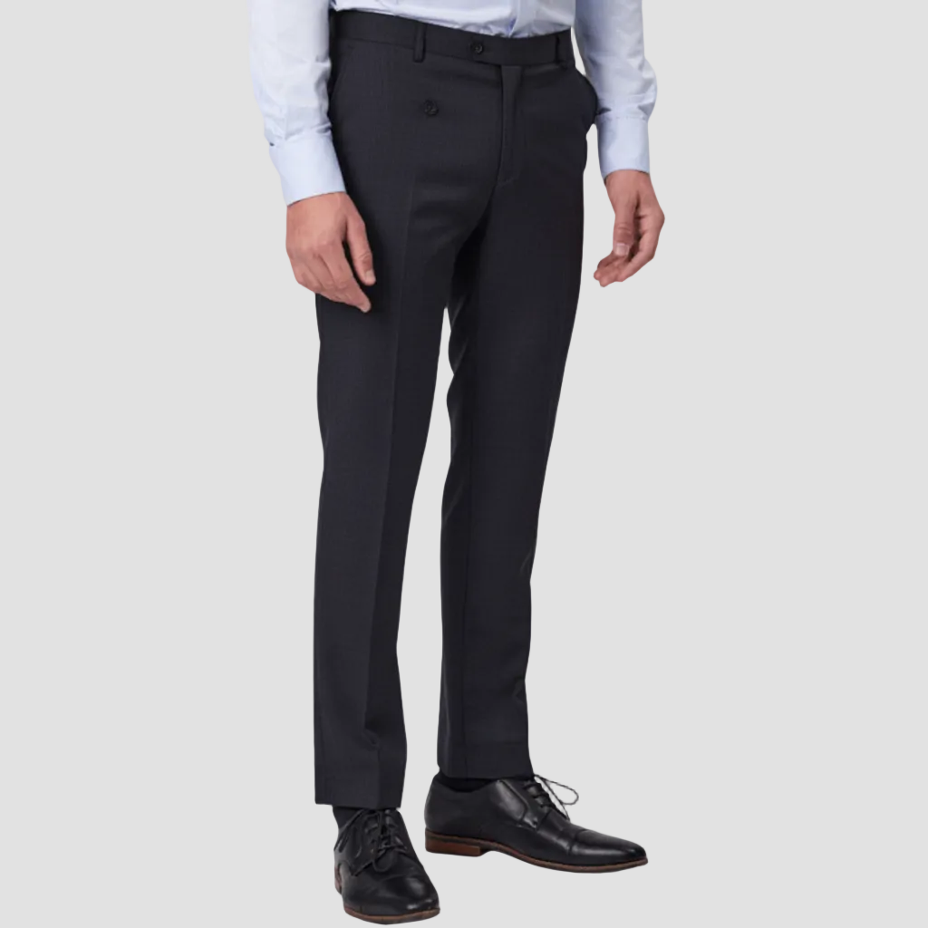 Patterned wool blend charcoal suit pants by Savile Row with black leather shoes.