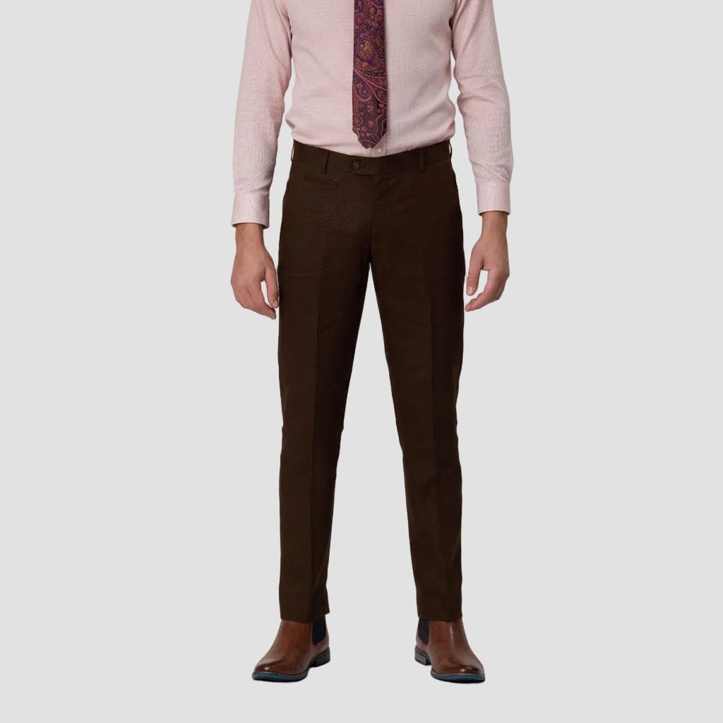 Wool-linen blend brown dress pants by Savile Row with a pink shirt patterned tie and brown leather shoes.