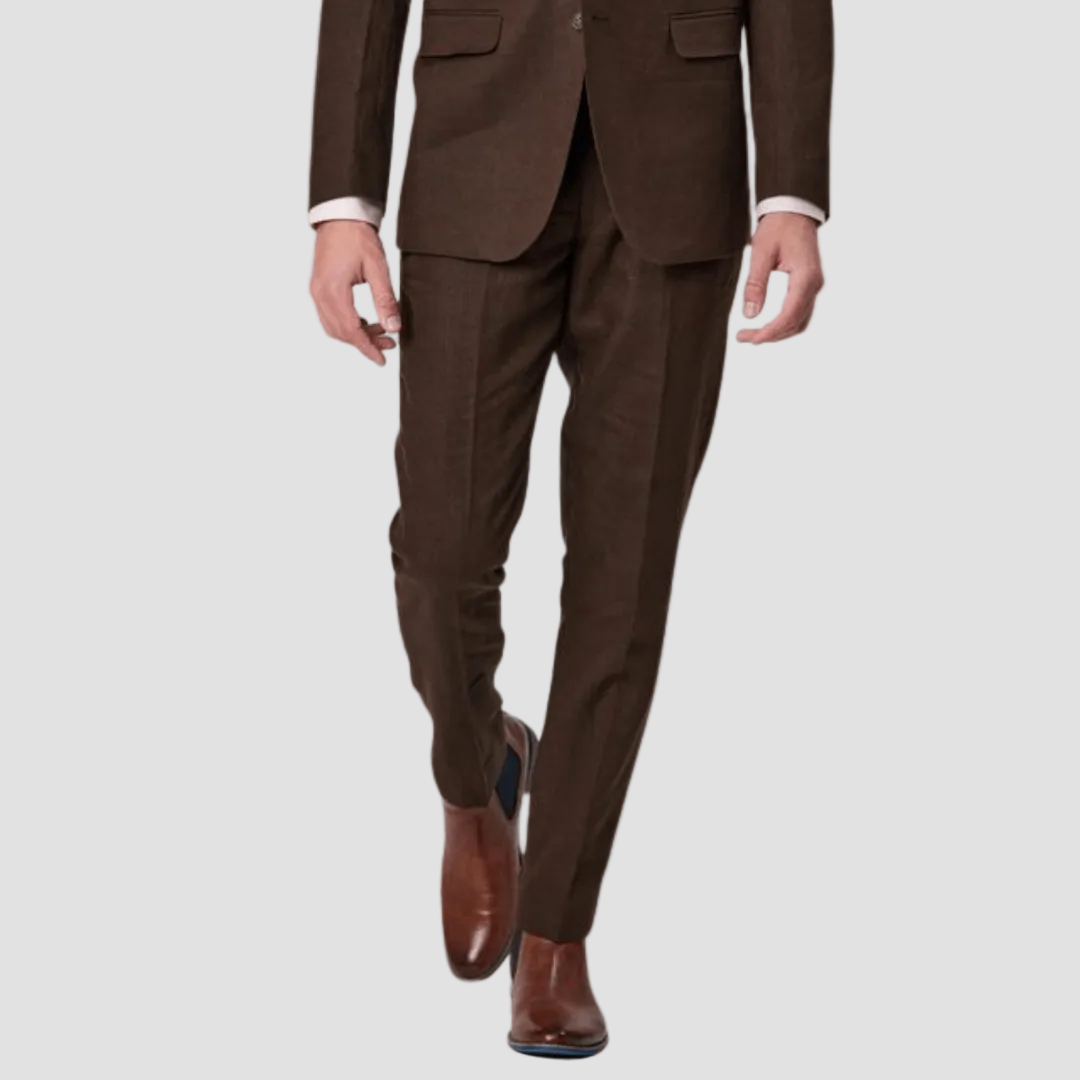 Wool-linen blend brown dress pants by Savile Row with a pink shirt patterned tie and brown leather shoes.