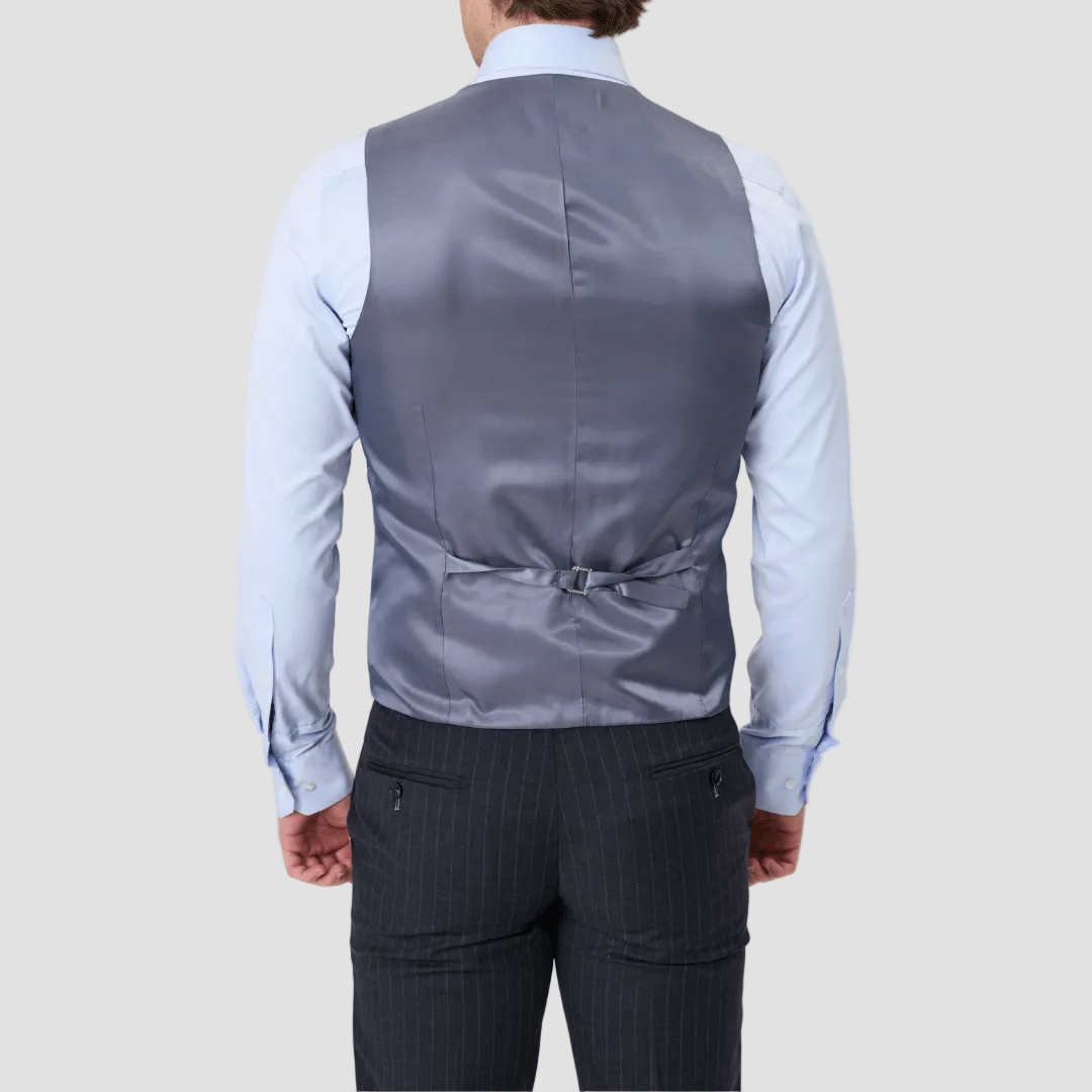 Charcoal pinstripe suit vest in Australian Merino Wool by Savile Row with satin back and adjustable tab.