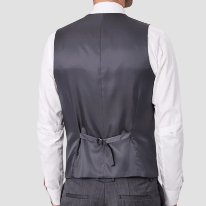 Gray suit vest by Savile Row over a white shirt.