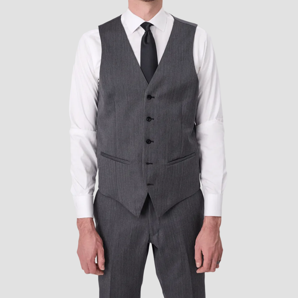 Gray suit vest by Savile Row over a white shirt with a black tie.
