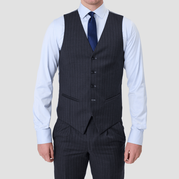Savile Row Tailored Fit Mens Saul Vest in Charcoal Stripe SW4 Pure Wool