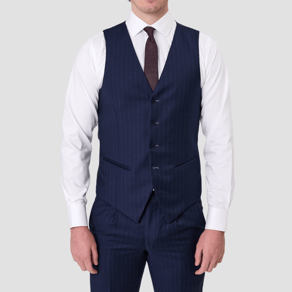Savile Row Tailored Fit Mens Saul Vest in Navy Stripe SW7 Pure Wool