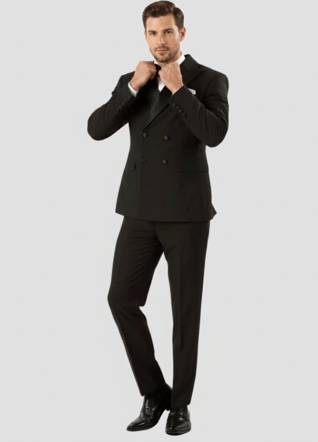 Boulvandre Mens Slim Fit Double Breasted Satin Lapel Tuxedo in Black