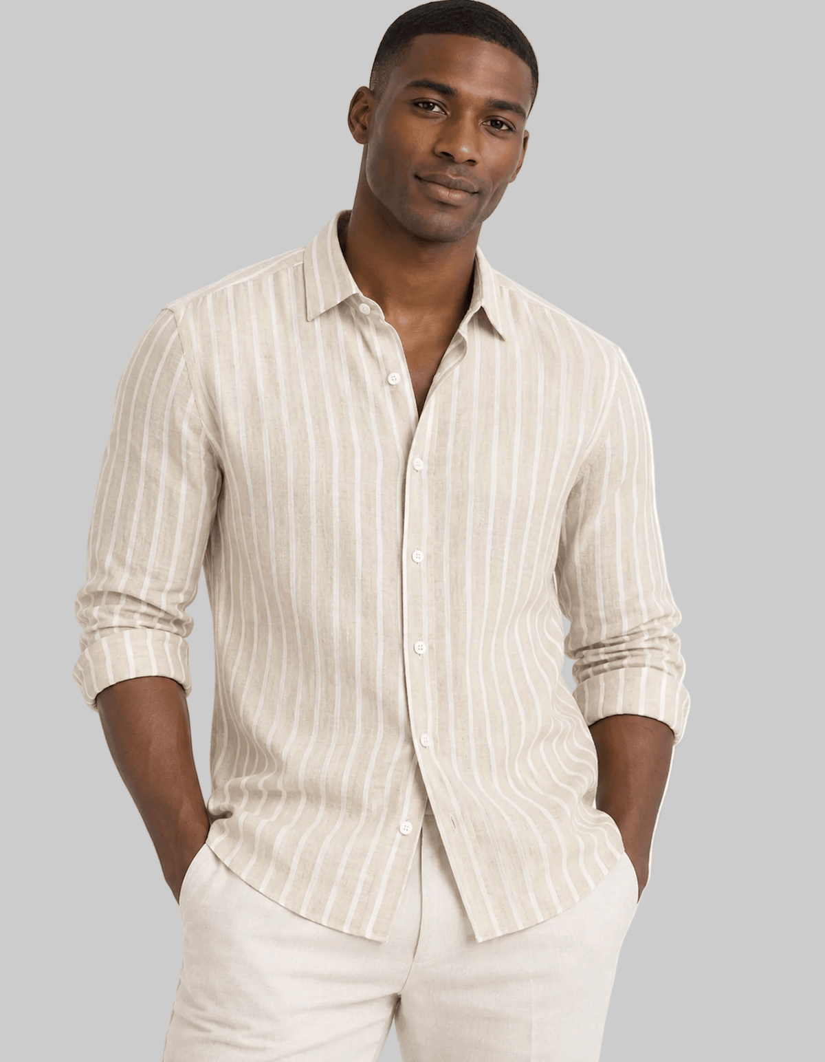 Daniel Hechter Men's Slim Fit Sel Shirt in Tan Striped Linen Blend