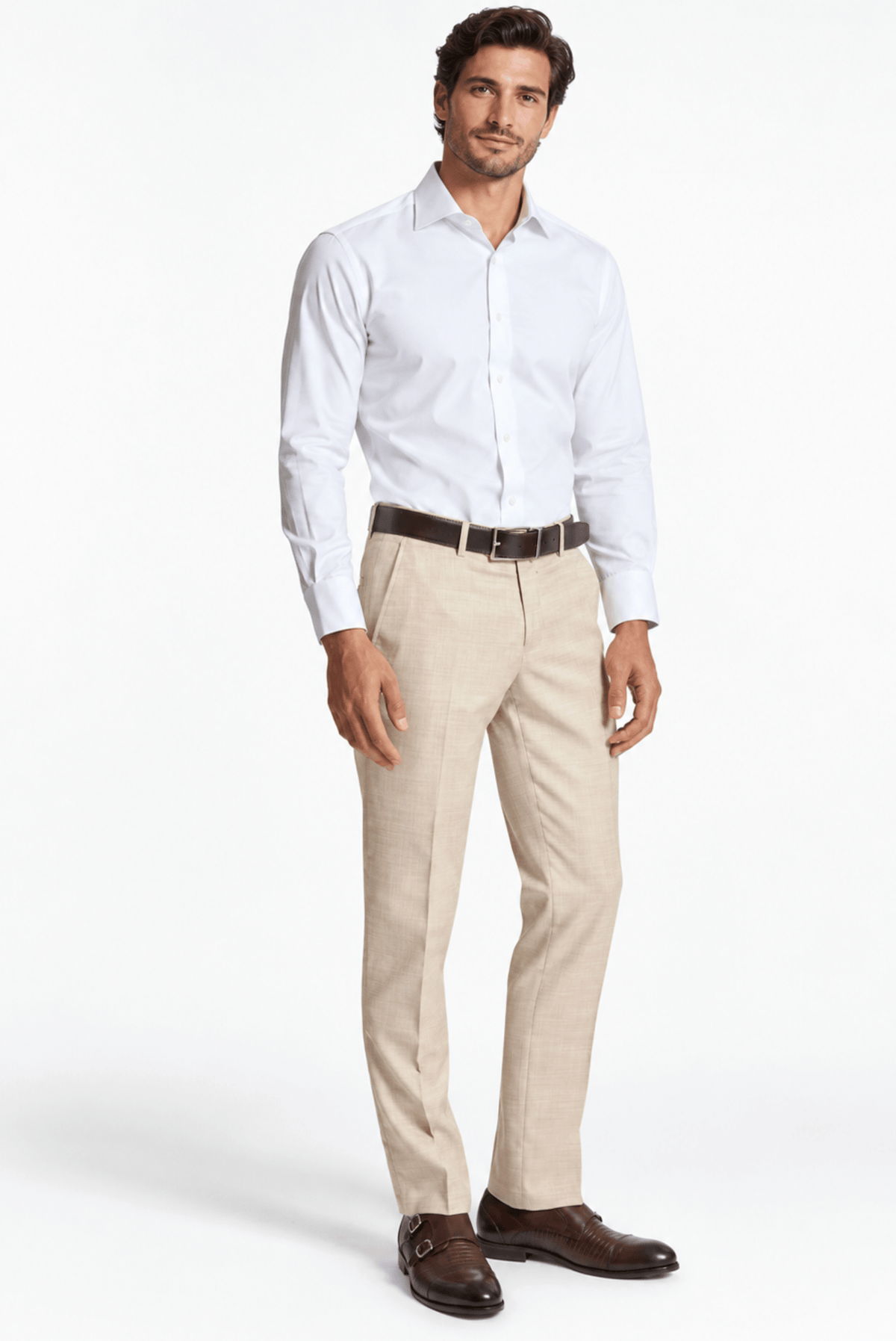 Christian Brookes Men's Slim Fit Dean Suit Trouser in Sand Stretch Blend