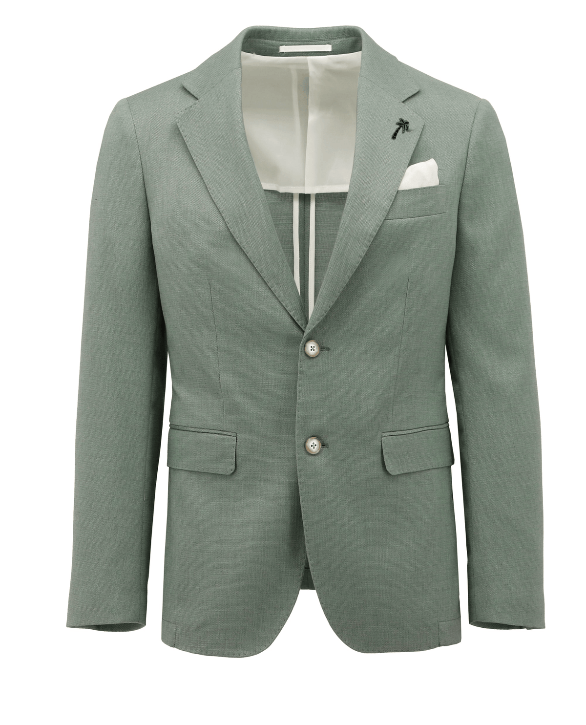 A sage green tailored blazer with two gold buttons, a white shirt underneath, a white pocket square, and a small green leaf lapel pin, shown on a plain white background.