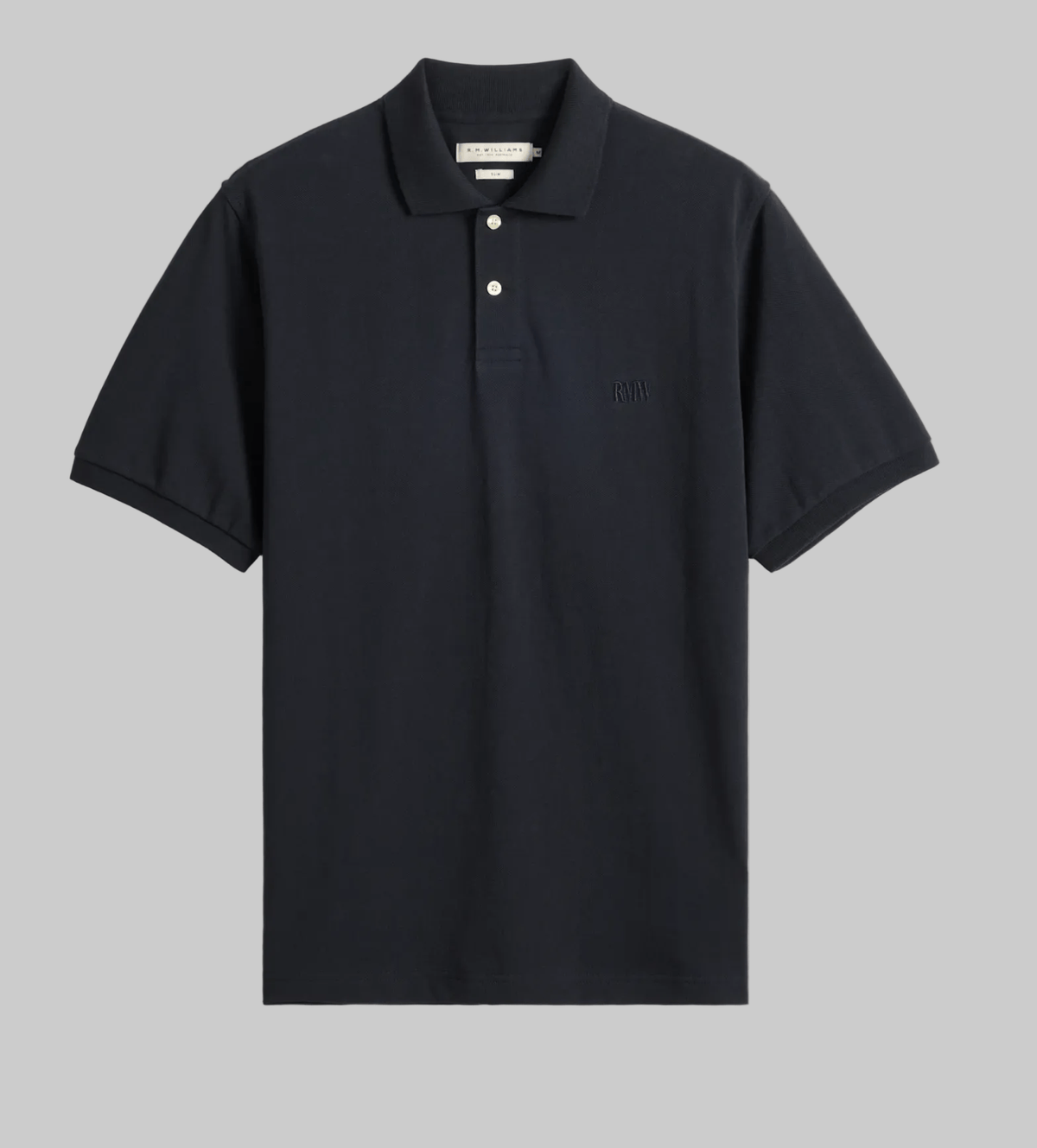 A dark navy blue short-sleeve polo shirt with a three-button placket and a small embroidered logo on the left chest, displayed flat against a light cream background.