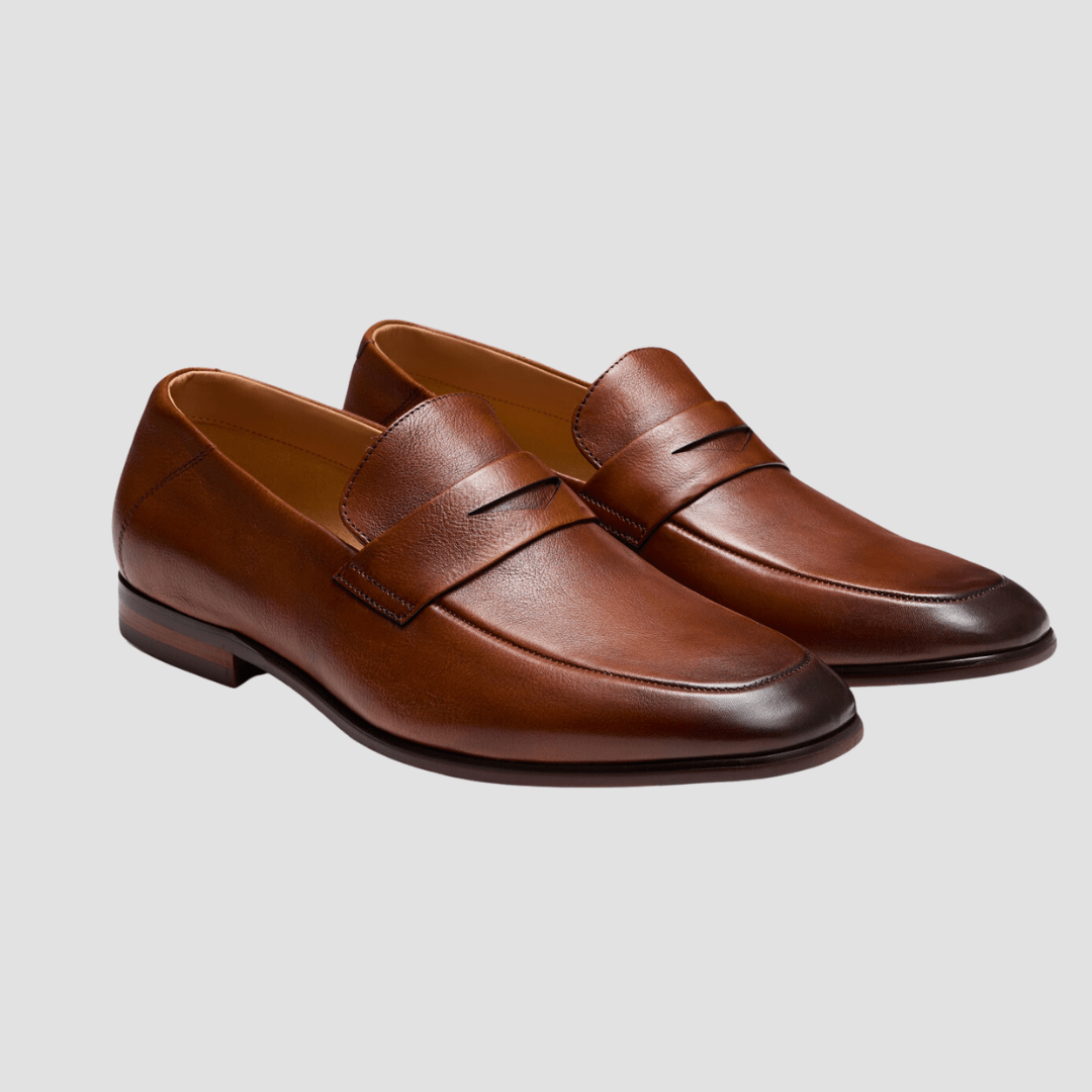 Front View of AQ by Aquila Porter Leather Penny Loafers in Tan