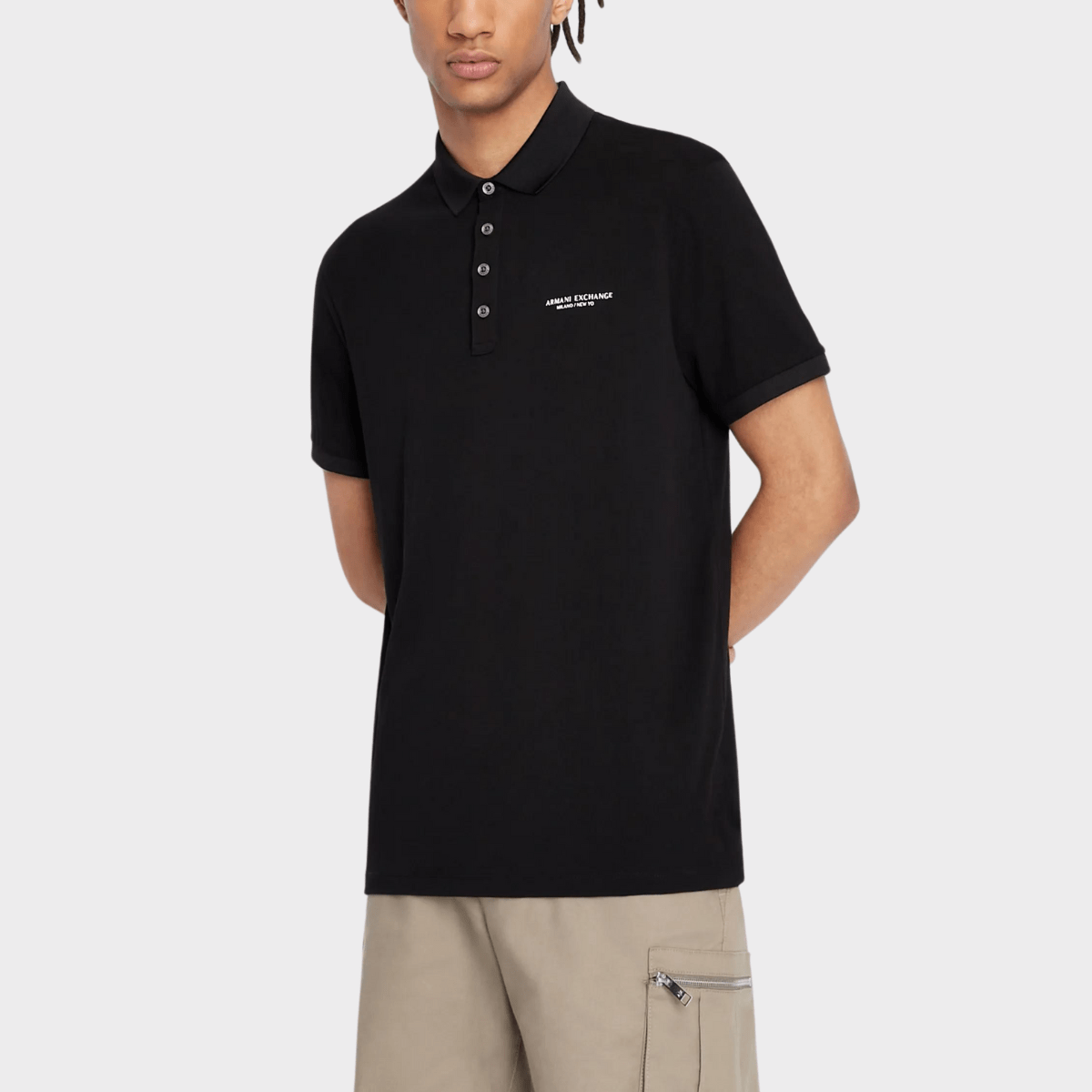 Front view of the Armani men's black polo shirt
