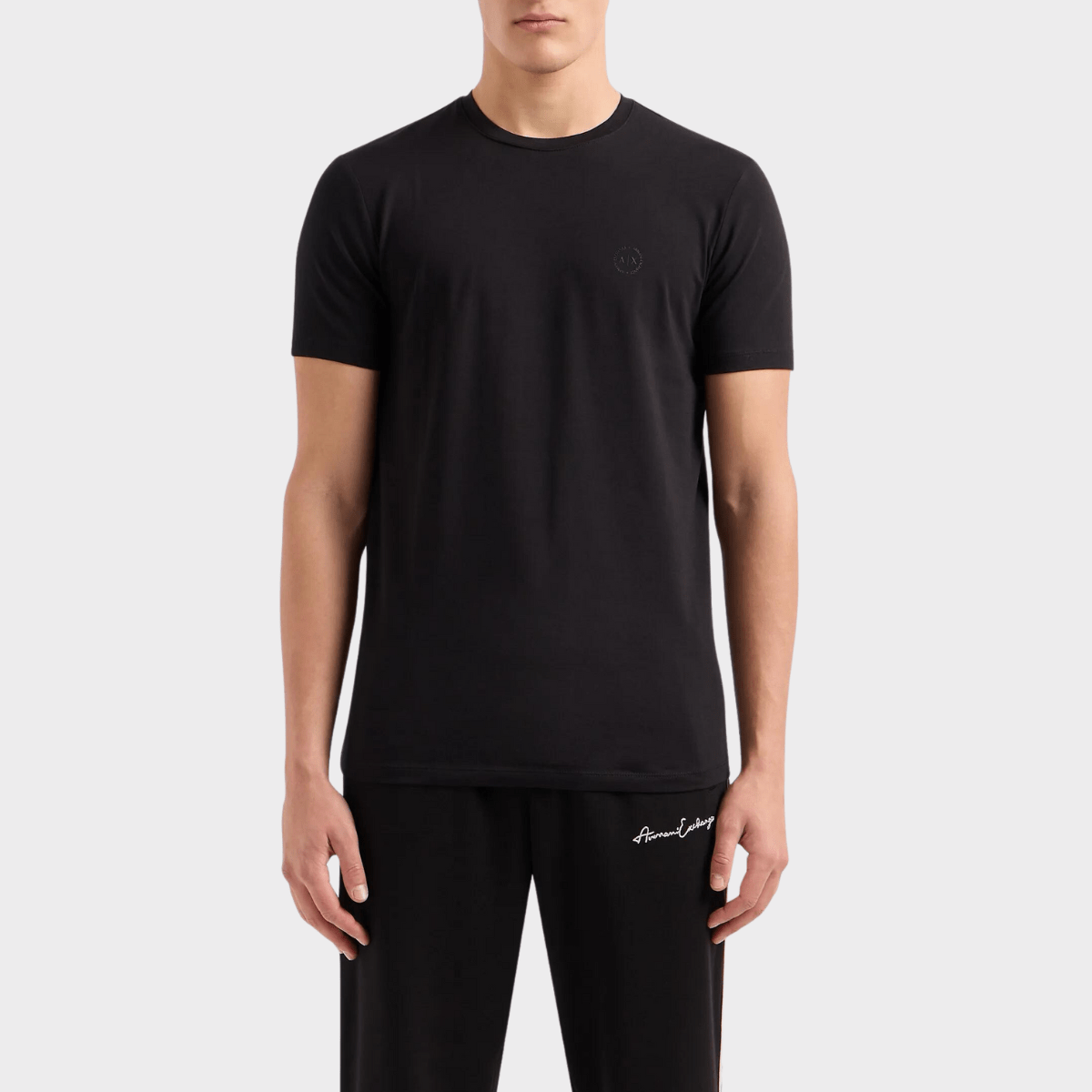 front view of the Armani slim fit stretch crew t-shirt in black
