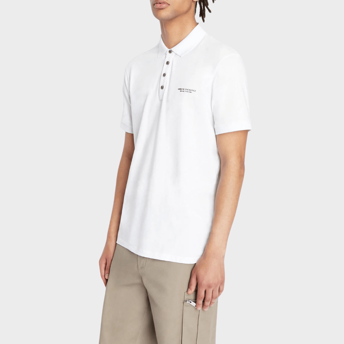 Front view of the Armani men's white polo shirt
