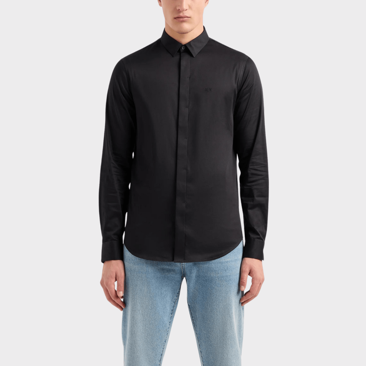 Front view of the Armani slim fit stretch cotton shirt in black