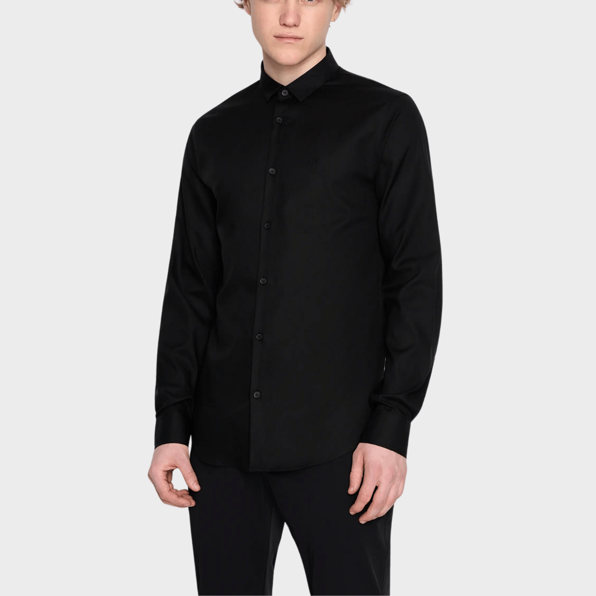 Front view of the Armani slim fit stretch cotton twill shirt in black