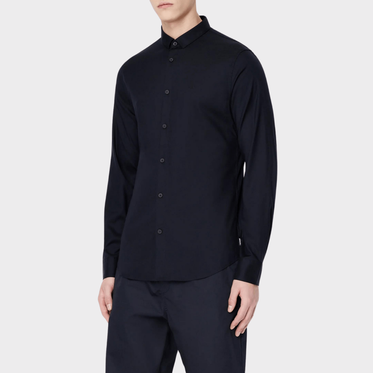 Front view of the Armani slim fit stretch cotton twill shirt in navy