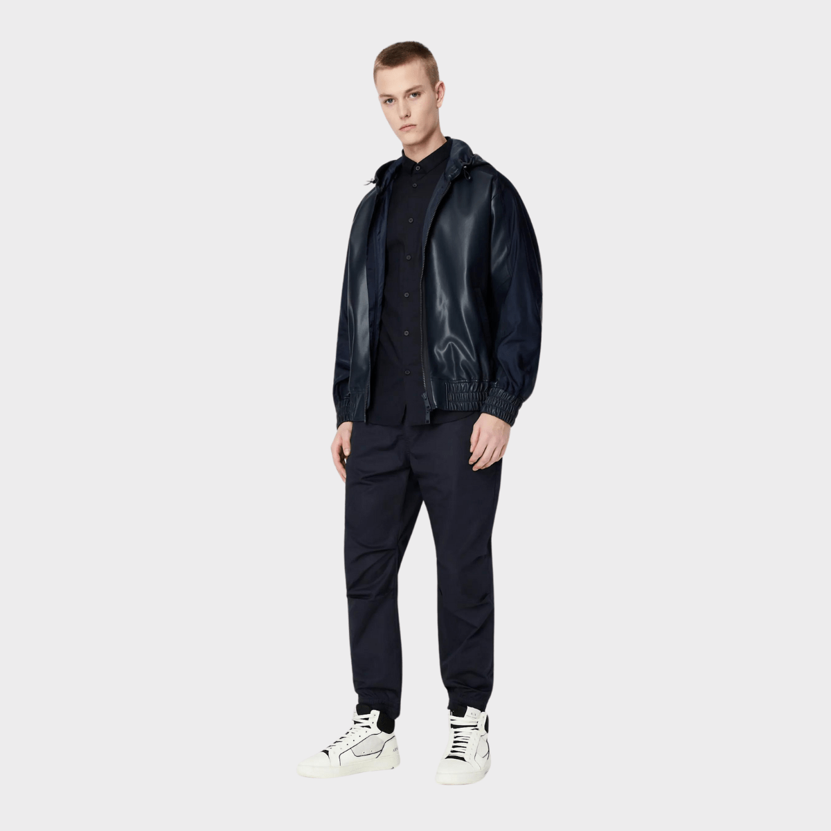 Styling the slim fit cotton fabric shirt with a bomber jacket