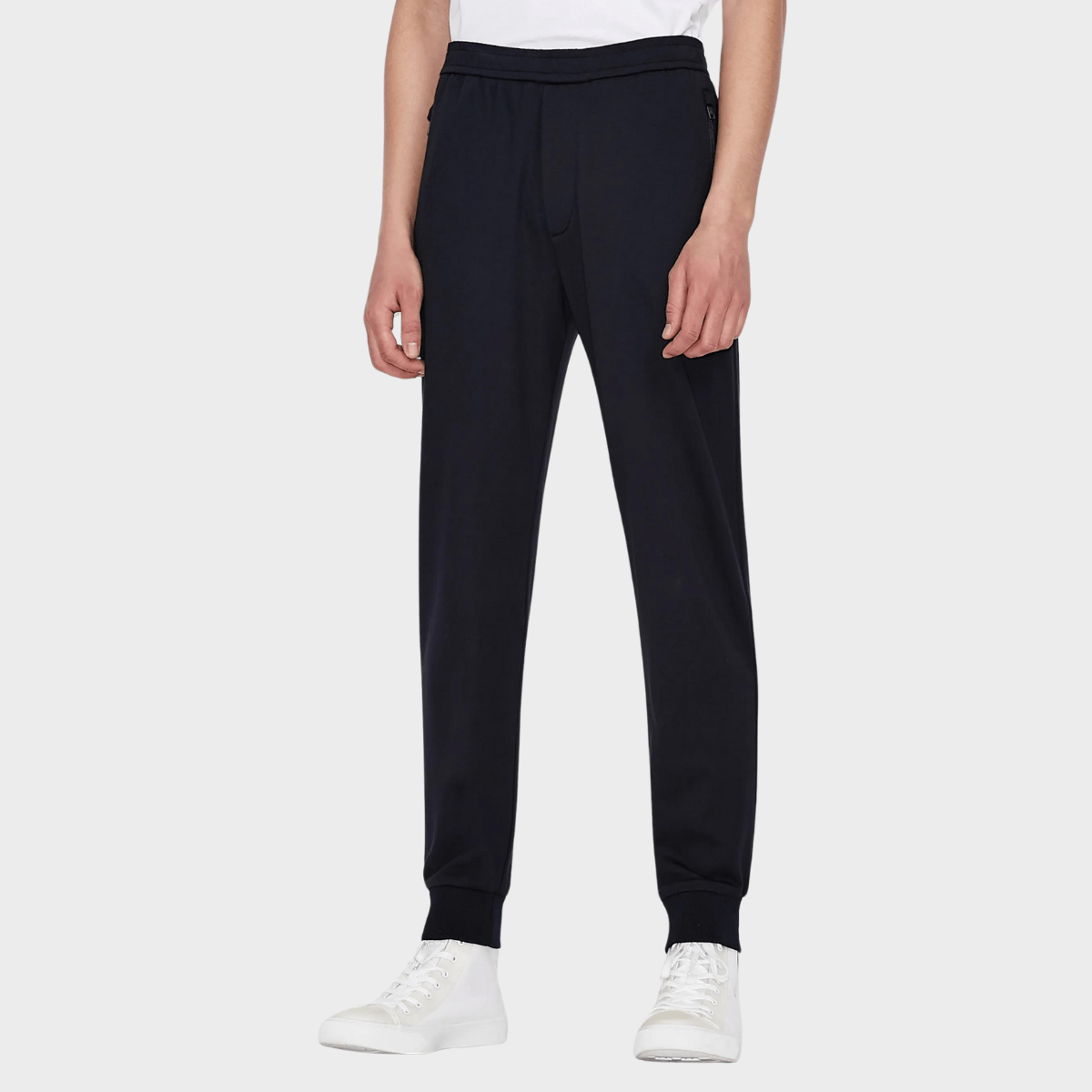 Front view of the Armani mens stretch suit jogger in navy.