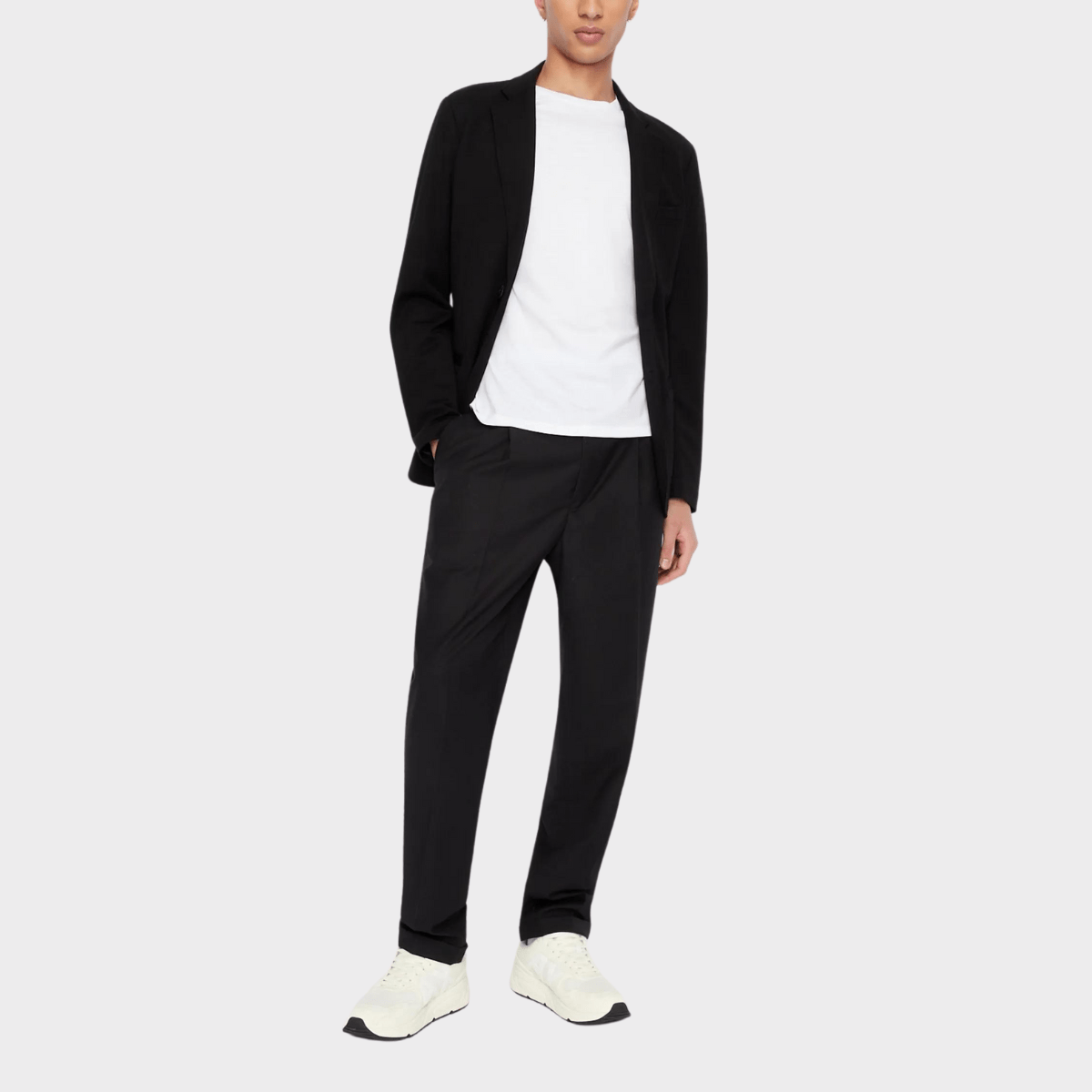 Front view of the Armani stretch viscose casual suit in black.