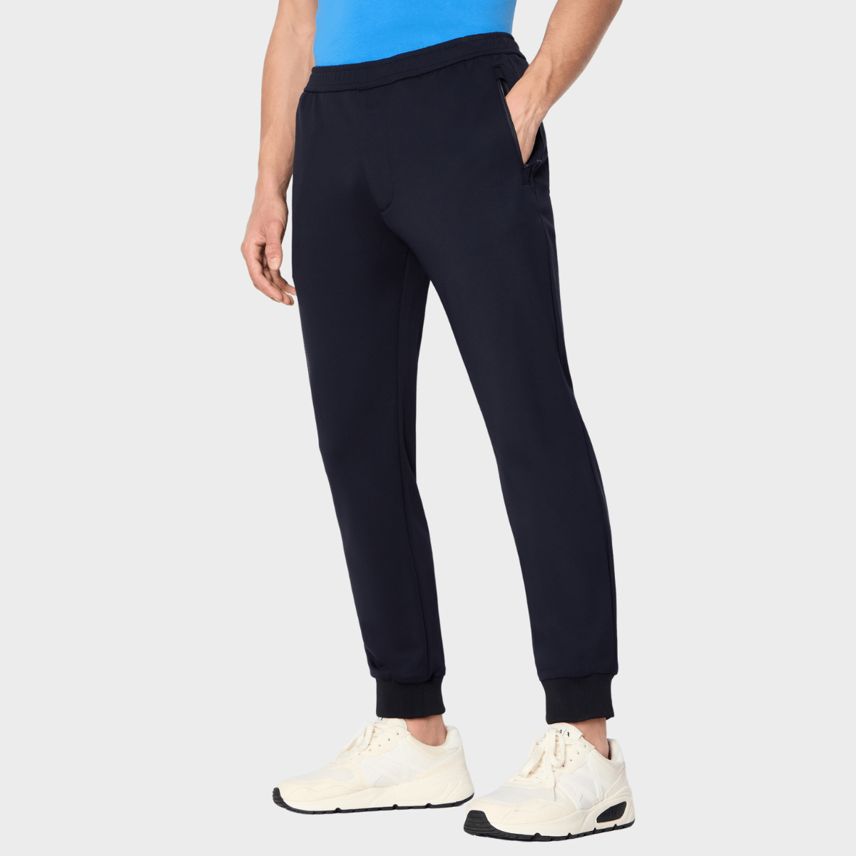 Slim fitted trousers of the Armani navy blue stretch suit