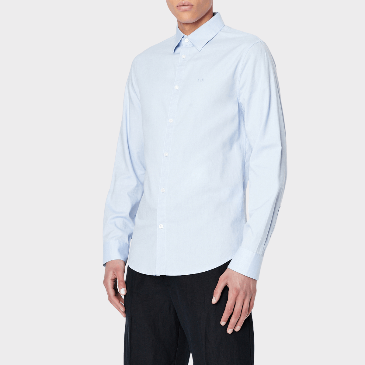 Front view of the Armani slim fit oxford business shirt in light blue.