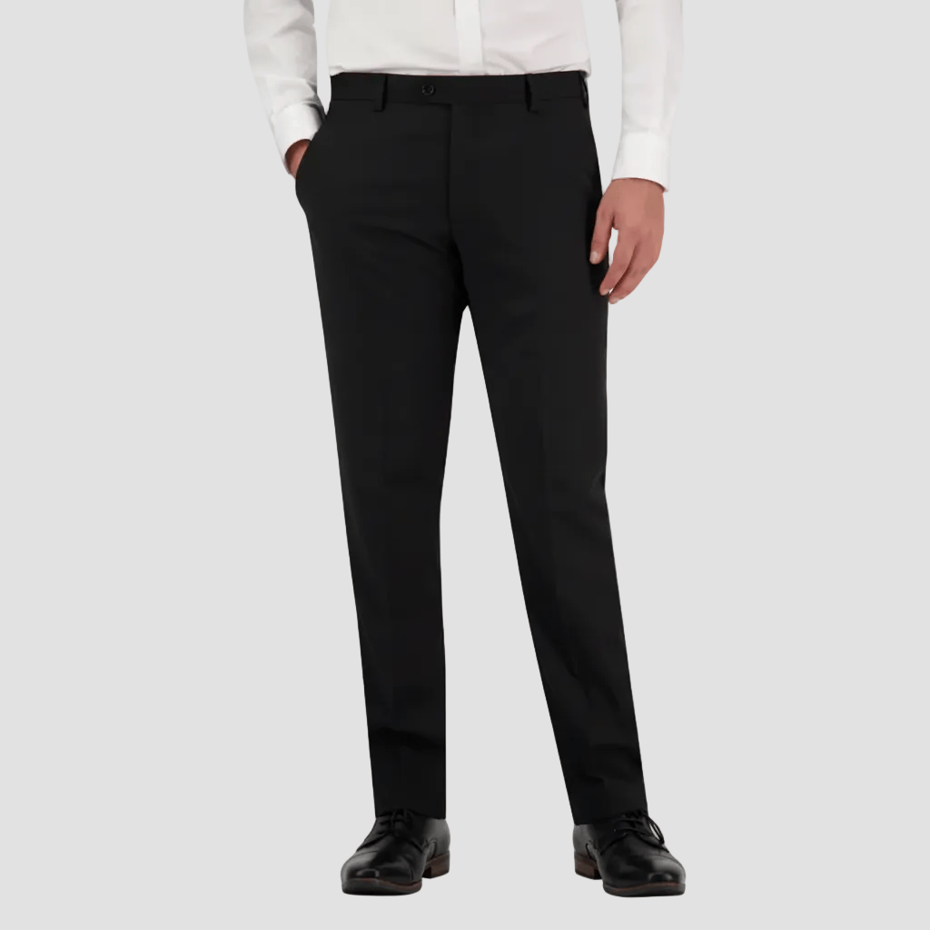 Big men black dress pants by Savile Row with a white shirt and black shoes.