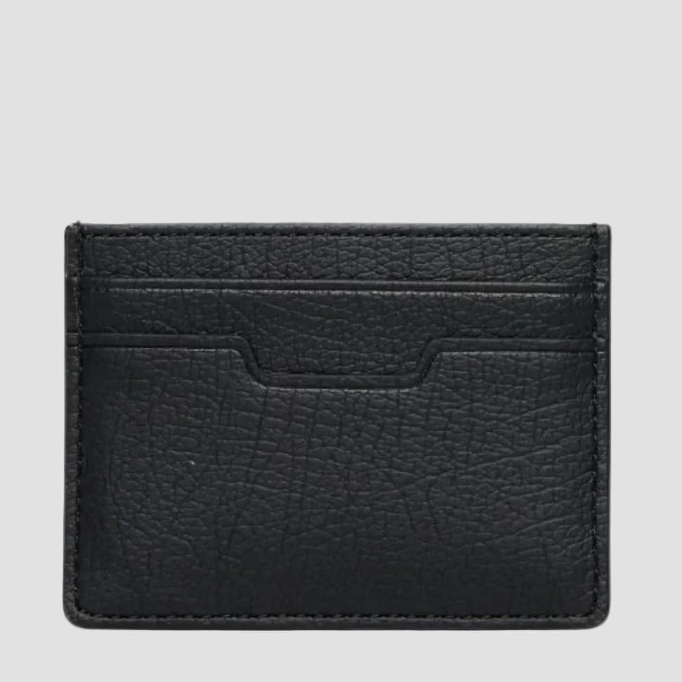 A black textured leather card holder wallet with horizontal card slots, shown flat against a solid white background.