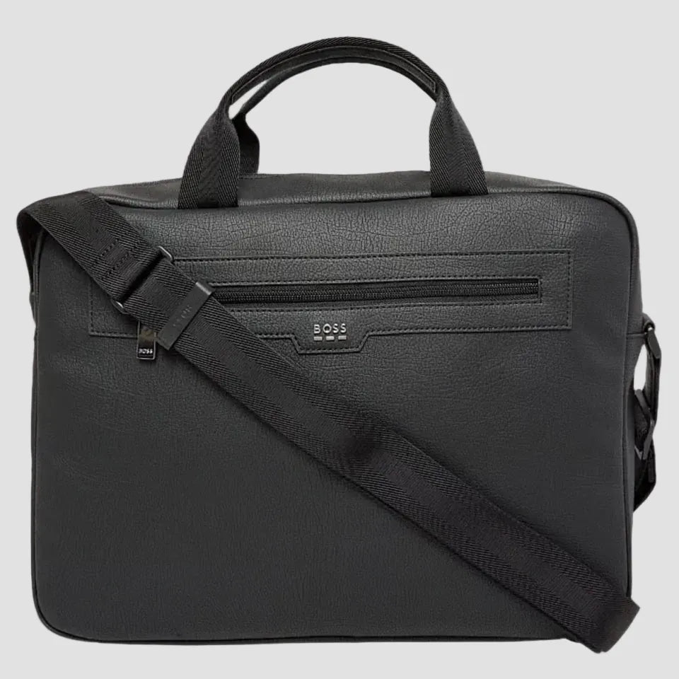 Black briefcase with shoulder strap on a white background