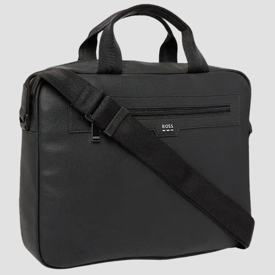 Black briefcase with shoulder strap on a white background