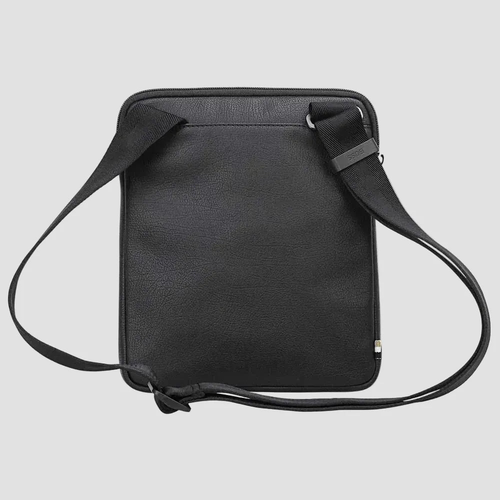 A black textured leather crossbody bag with a matching adjustable shoulder strap, shown against a plain white background.