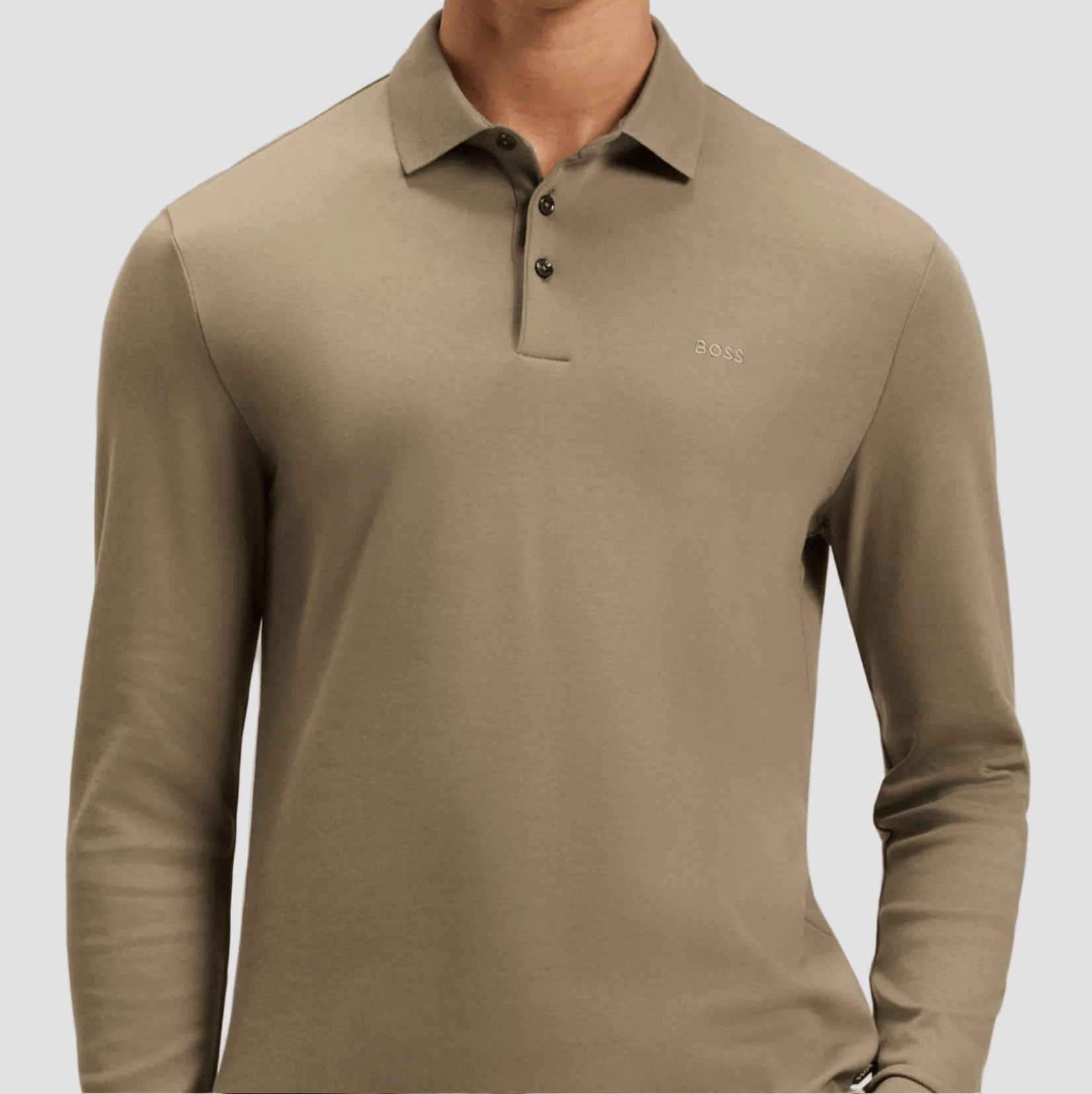 BOSS Pado 30 Long Sleeved Polo T-Shirt in Taupe Cotton