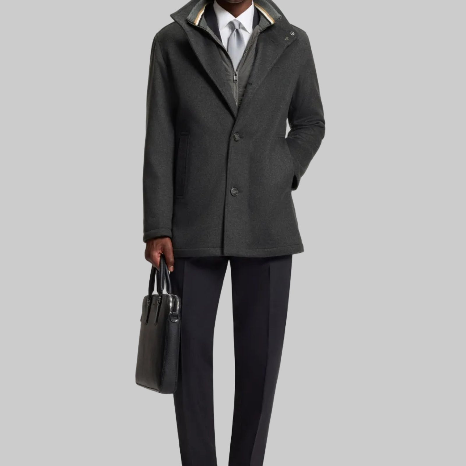 BOSS Coxtan Relaxed Fit Short Coat In Wool and Cashmere in Charcoal