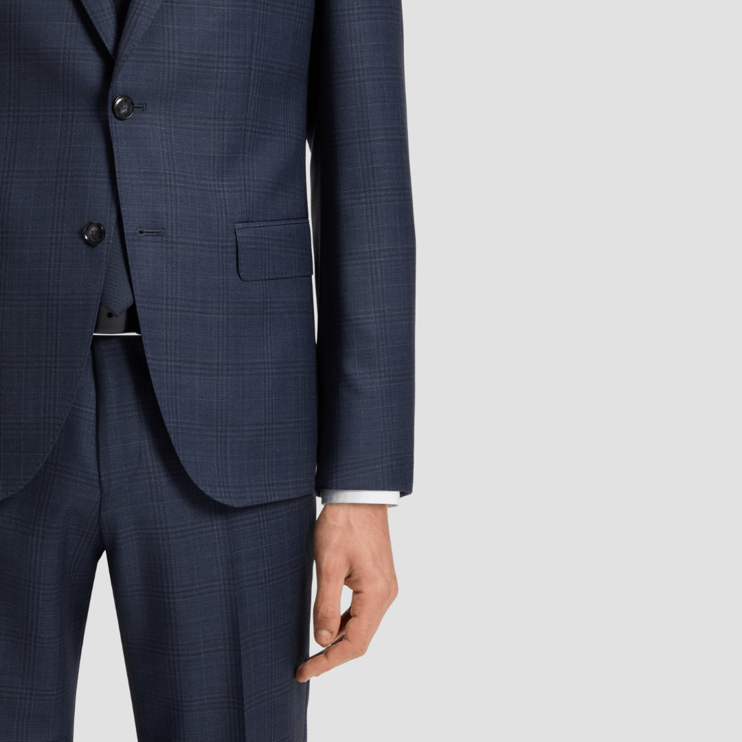 Boss Slim Fit 2 H-Huge Piece Suit in Dark Blue Checked Virgin Wool