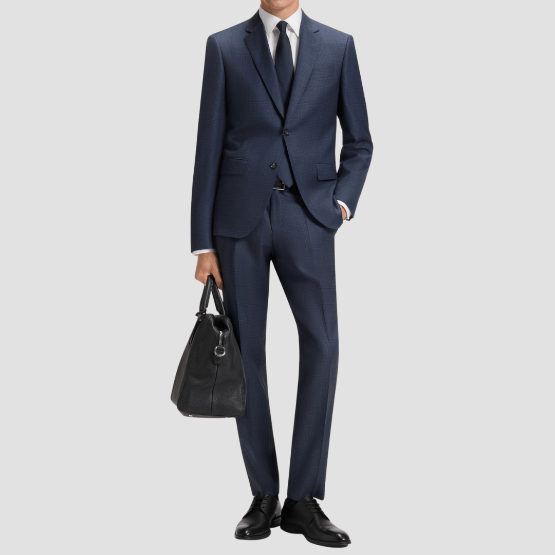 Boss Slim Fit 2 H-Huge Piece Suit in Dark Blue Checked Virgin Wool