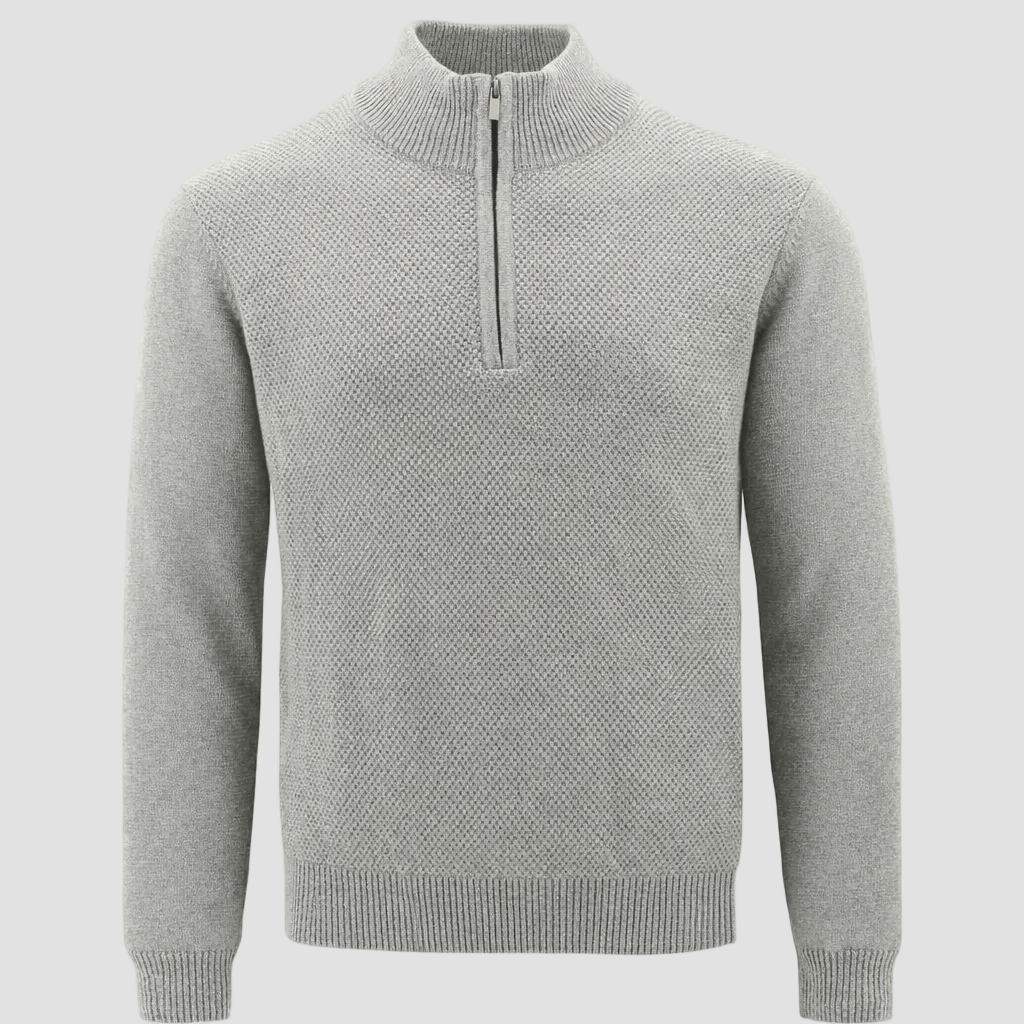 Boston Barco grey quarter‑zip jumper crafted in premium cotton with ribbed neck, hem and cuffs.