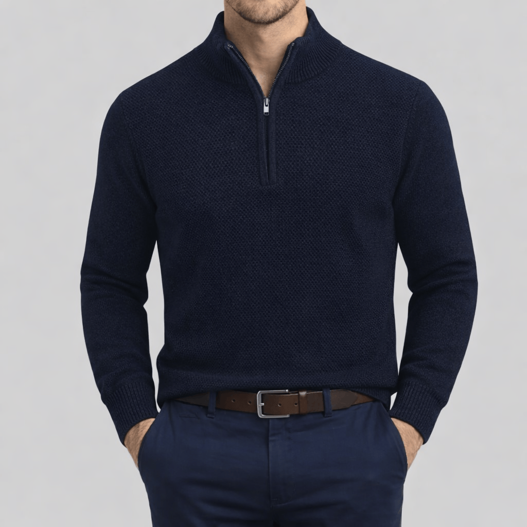 Boston Barco navy quarter‑zip jumper crafted in premium cotton with ribbed neck, hem and cuffs.