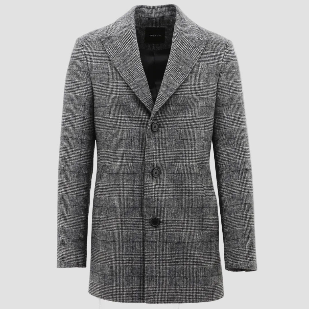 Men's grey check wool blend Chelsea coat with peak lapel, single breasted three button closure, chest ticket pocket, side entry pockets, and back vent.