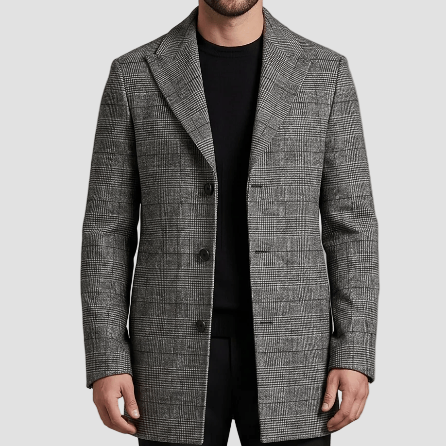 Boston’s Chelsea grey overcoat with a classic check pattern, peak lapel and three‑button front.