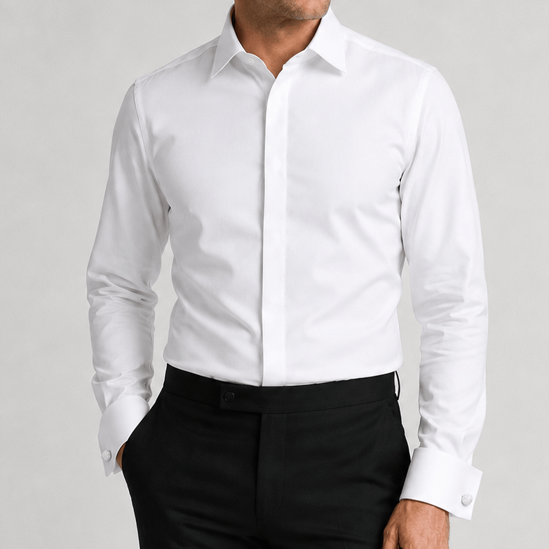 Men’s French Fly dinner shirt in white by Boston with concealed placket, French cuffs and modern fit. 