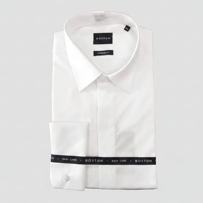 Men’s French Fly dinner shirt in white by Boston with concealed placket, French cuffs and modern fit. 